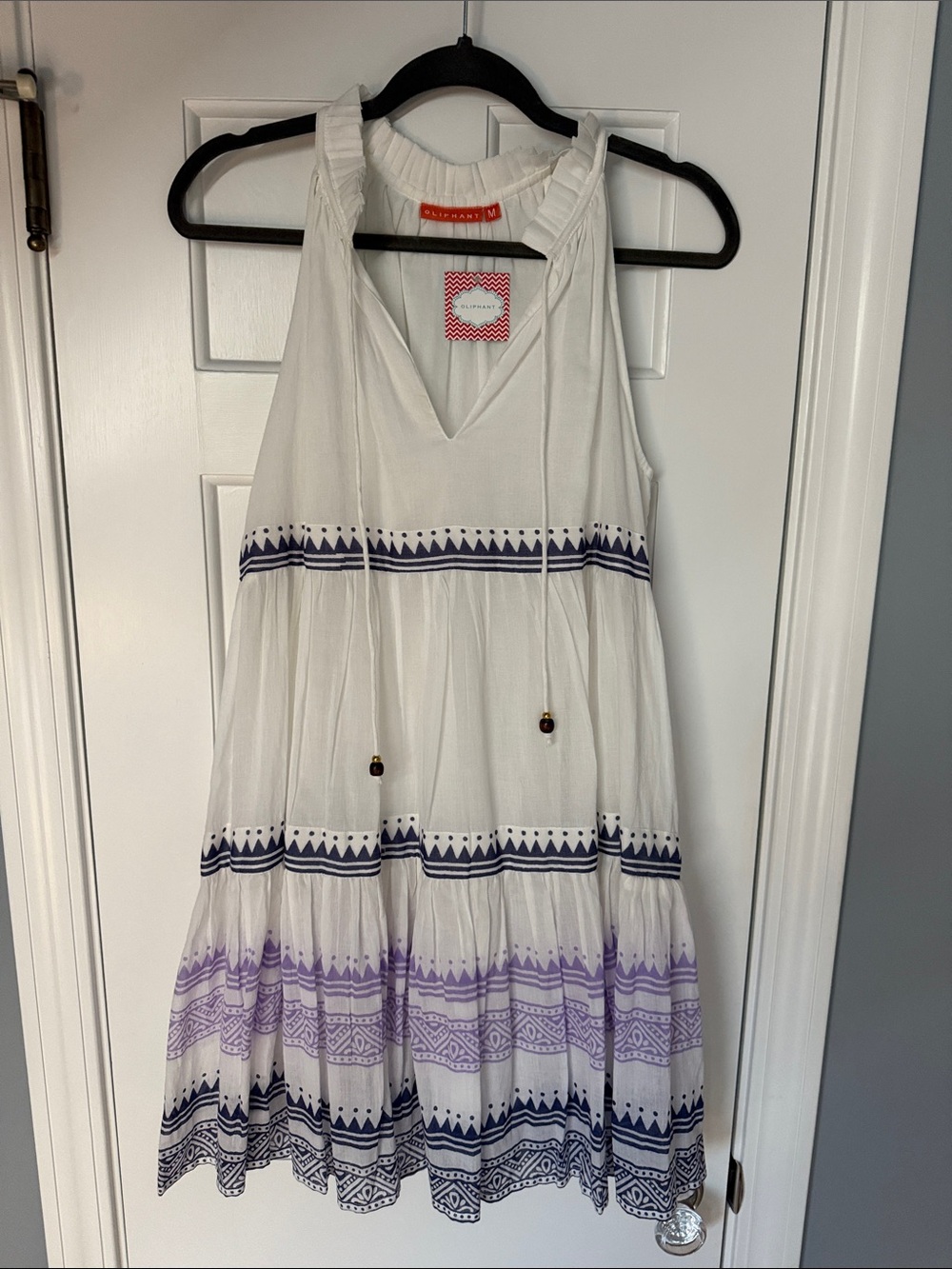 Oliphant White Dress with Navy and Lavender Trim
